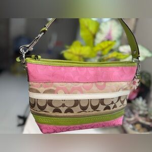 Coach Mini Bleecker Pink and Green Striped Patchwork #F14725